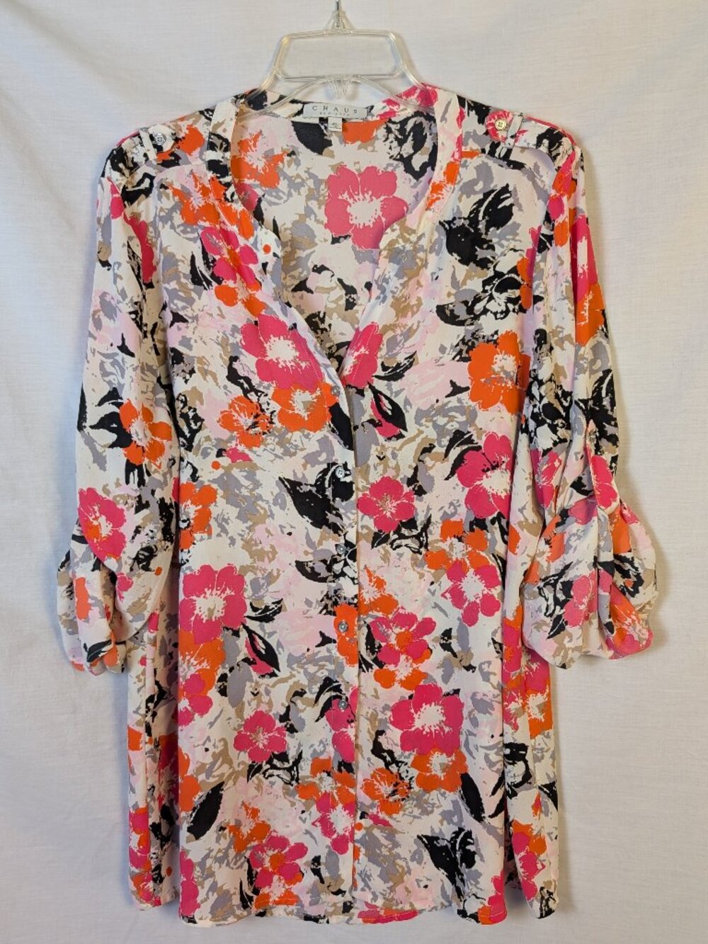 Chaus‎ New York XL Women's Vibrant Floral Button Up V-Neck Top Career Summer